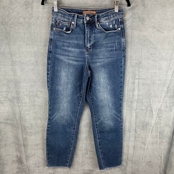 Judy Blue Denim - Judy Blue Jeans Womens 3/26 Blue Slim Fit Medium Wash Distressed Raw Hem Whisker